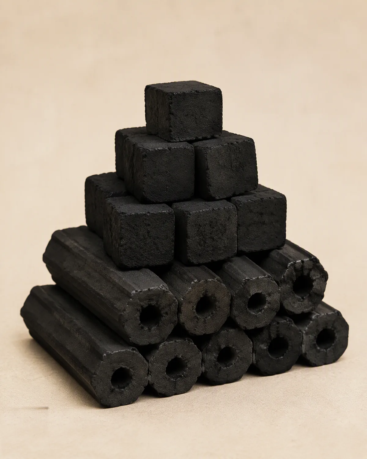 Illustrative image (placeholder): a stack of matte black coconut shell briquettes