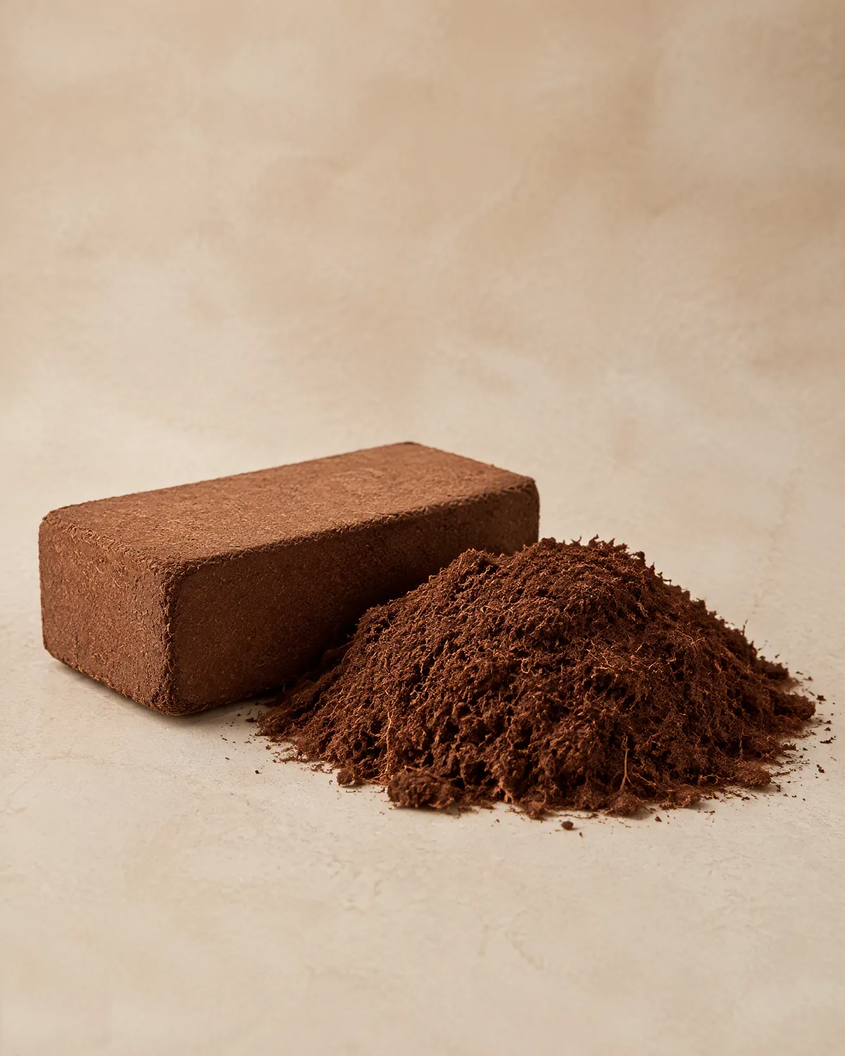 Illustrative image (placeholder): a compressed coco peat brick beside loose coco peat