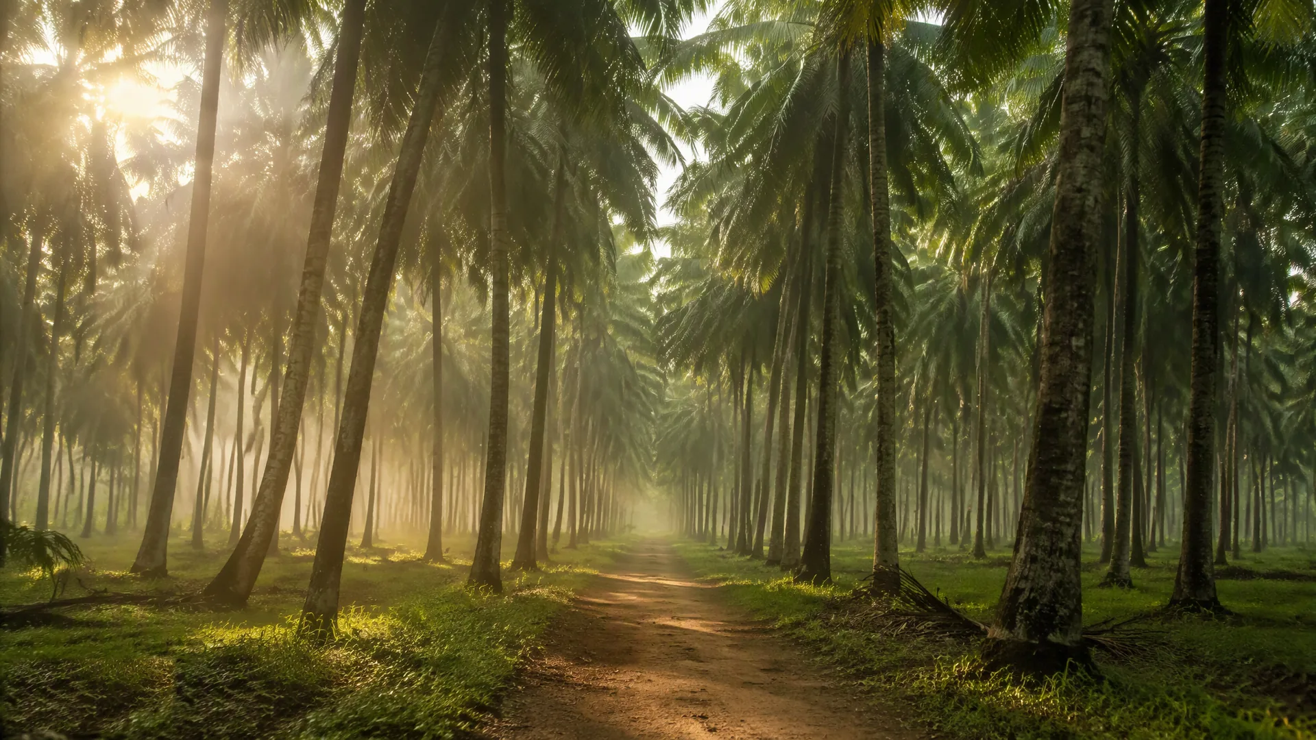 Illustrative image (placeholder): a coconut grove at early morning, low golden sunlight through tall palms