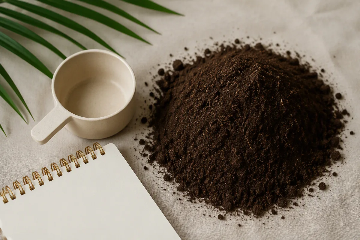 Illustrative image (placeholder): a heap of dark brown coco peat beside a measuring cup