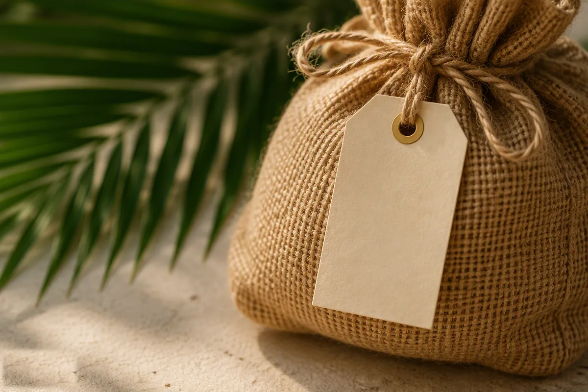 Illustrative image (placeholder): a blank paper tag tied with twine to a woven sack
